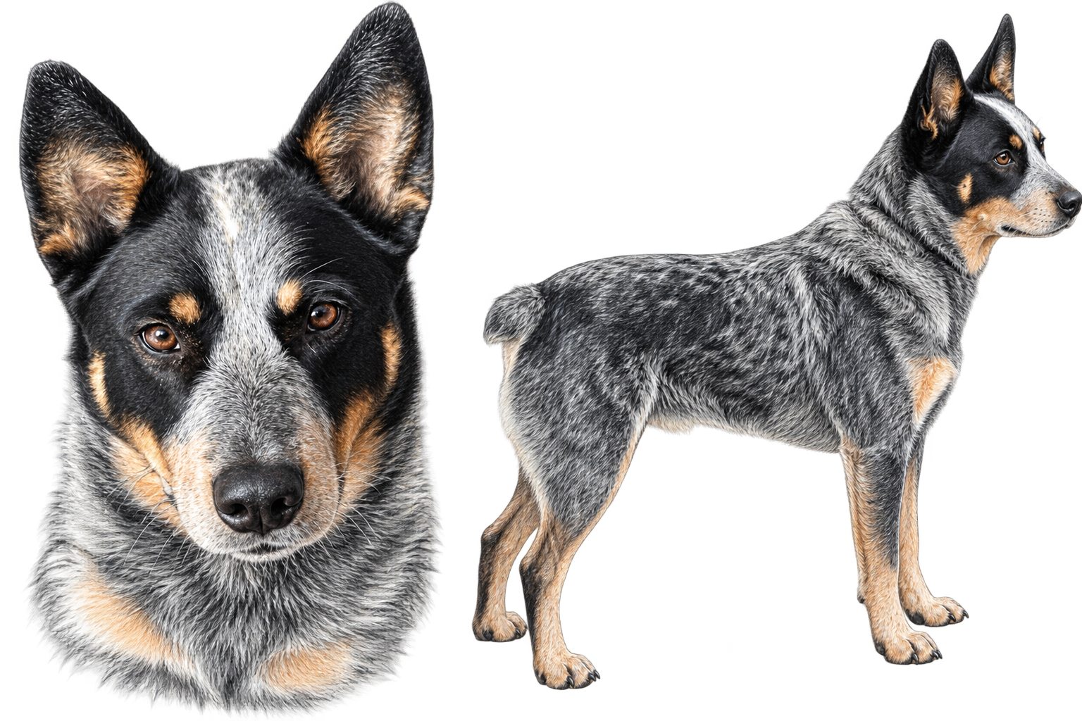 Color reference image of an Australian Cattle Dog shown from the front and side